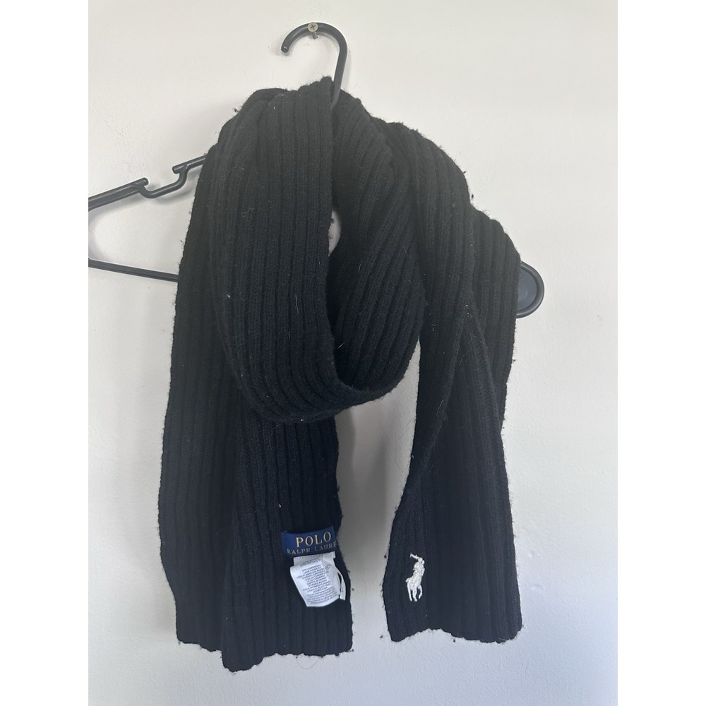 Polo‎ Ralph Lauren Black Ribbed Lambswool Scarf Fringe Made in Italy 9x64"